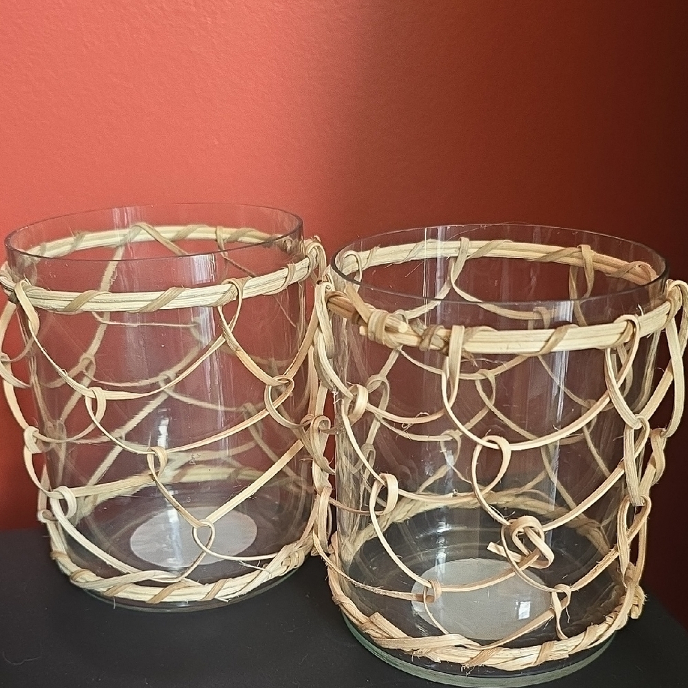 Tan Woven Candle Holders with Geometric Accents